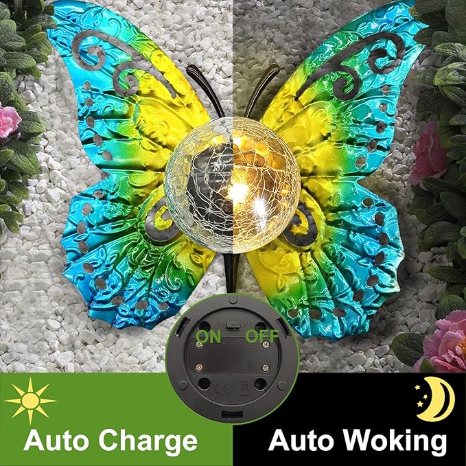 Solar Butterfly Garden Light with Crackle Glass Globe - Metal Outdoor Decor