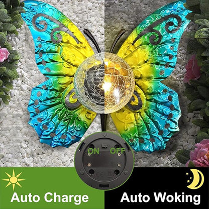 Solar Butterfly Garden Light with Crackle Glass Globe - Metal Outdoor Decor