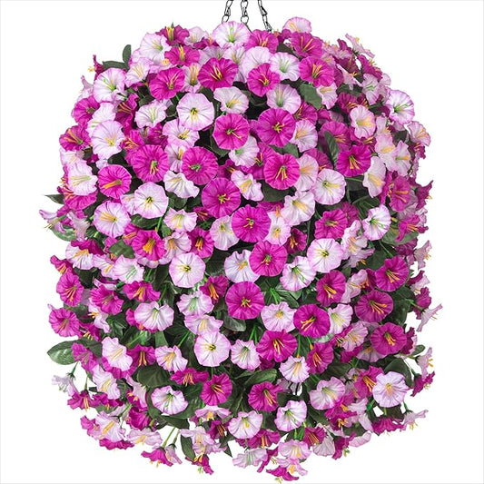 Hanging faux flower basket with ruffled pink and white blooms