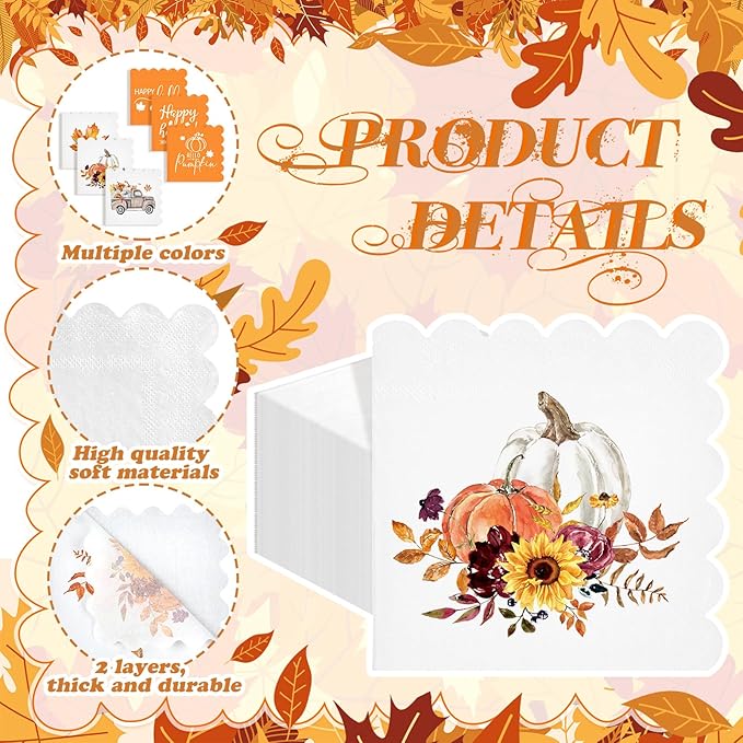 Fall Thanksgiving Paper Napkins, 150 Count, 5 x 5 Inches – Scalloped Pumpkin Cocktail & Dessert Napkins for Autumn Harvest Parties, Dinner Tables, Weddings, Bathroom Decor & Decoupage