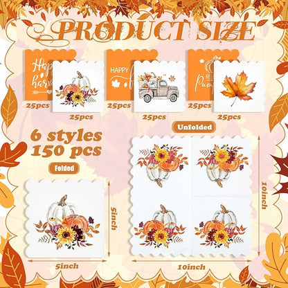 Fall Thanksgiving Paper Napkins, 150 Count, 5 x 5 Inches – Scalloped Pumpkin Cocktail & Dessert Napkins for Autumn Harvest Parties, Dinner Tables, Weddings, Bathroom Decor & Decoupage