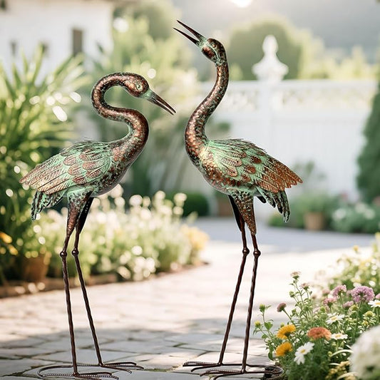 Patina Metal Crane Garden Statue Pair - Hand-Painted Heron Yard Art with Raised and Bowing Poses for Pond, Lawn, Patio, and Garden
