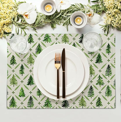 Rectangular pine tree placemat with sage green tree and clover cross pattern, for dining tables.