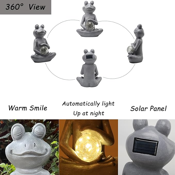 Solar Yoga Frog Garden Statue - Meditating Zen Frog Outdoor Decor with LED Light