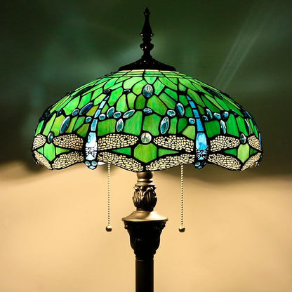 Green stained glass floor lamp shade with blue-green glass accents, bronze base, pull chains