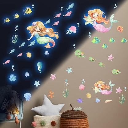 Glow in the Dark Mermaid Wall Decals – 68 Pcs Blue Glow Ocean Stickers | Mermaid Turtle Seahorse Jellyfish Starfish | Peel & Stick Ceiling Wall | Nursery Playroom Bedroom Gift