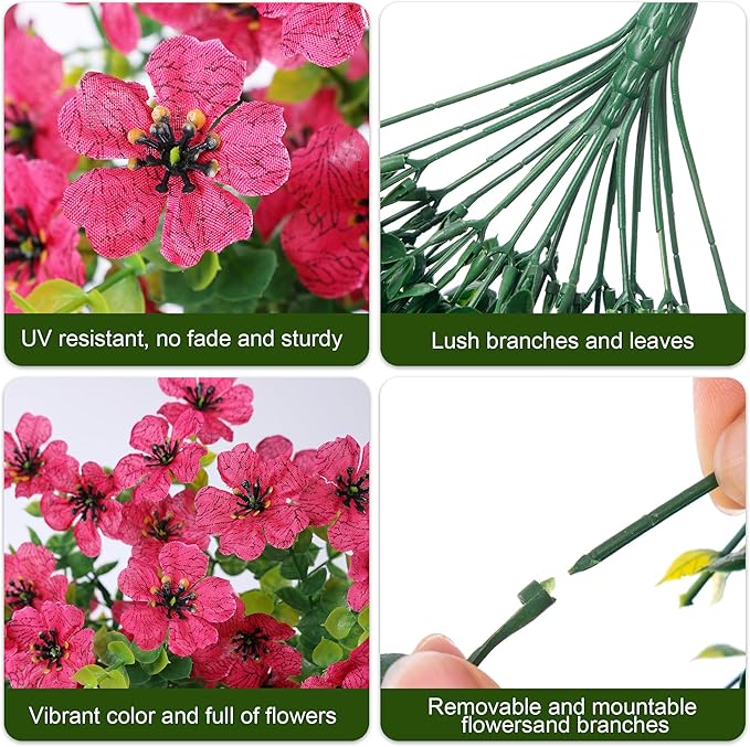 Close-up of hot pink faux daisy blossoms on green stems and leaves