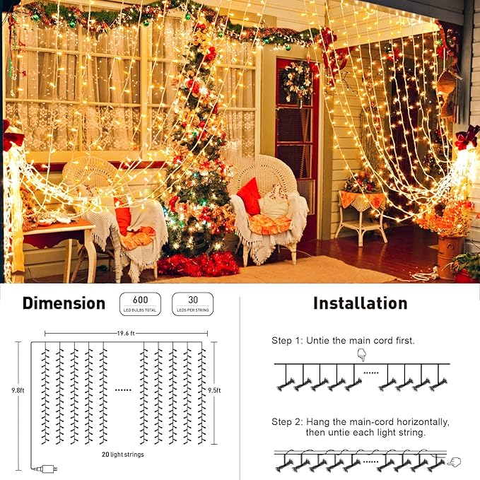 LED curtain light set with dimensions and installation diagram showing hanging steps