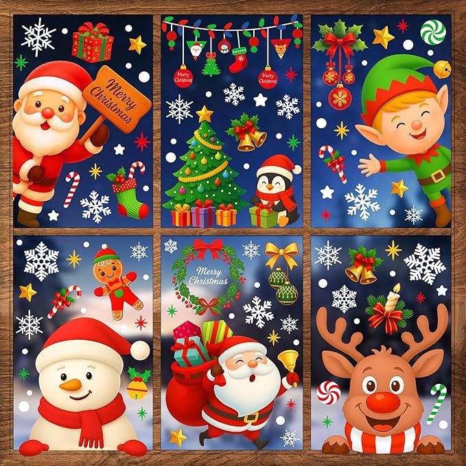 Christmas window cling stickers with Santa, elf, snowflakes, and reindeer icons