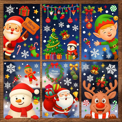 Christmas window cling stickers with Santa, elf, snowflakes, and reindeer icons
