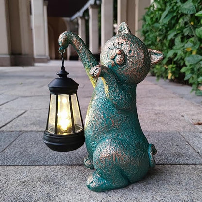 Solar Cat Garden Statue Holding Lantern - Resin Outdoor Decor with Warm Welcoming Glow