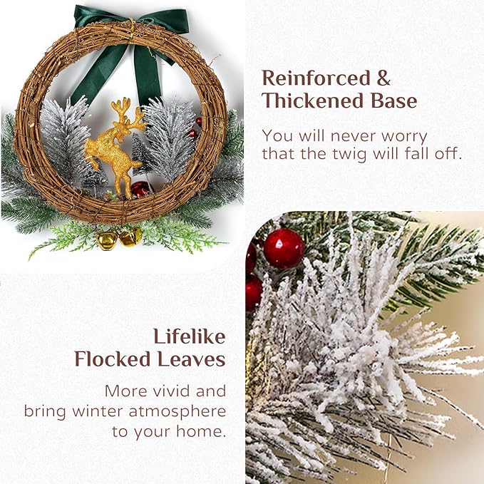 Flocked Christmas wreath with teal bow, gold reindeer, thick twig base, and red ornaments