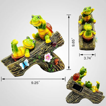 Solar Turtle Garden Statue with Two Turtles on a Slide and 4 LED Lights - Resin Outdoor Decor