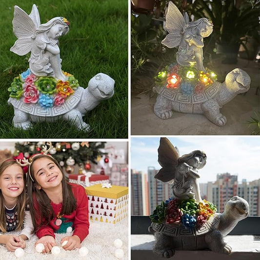 Sleeping Angel Turtle Solar Garden Statue - Multicolor Resin Sculpture with Succulent LED Lights for Patio, Lawn, Porch, Balcony, and Home