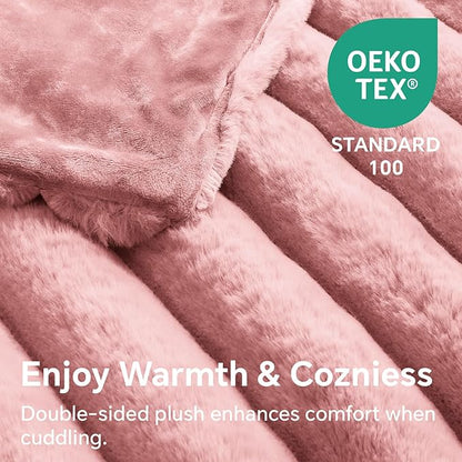 Pink Faux Rabbit Fur Throw Blanket – 50"x60" | 770GSM Double-Sided Luxury Fluffy Blanket | 3D Striped Plush Couch Throw for Women