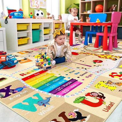 Kids learning rug with alphabet lines and animal illustrations on beige surface