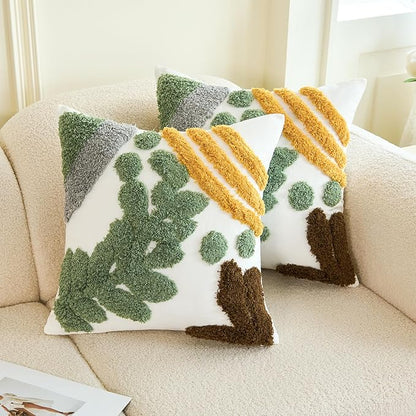 Tufted throw pillow cover, white with green leaf and brown tree motifs