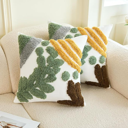 Tufted throw pillow cover, white with green leaf and brown tree motifs