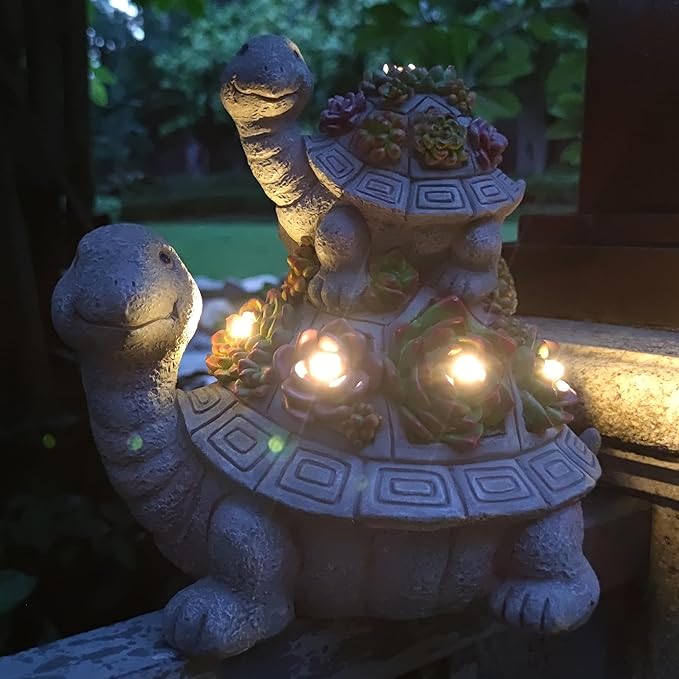 Mother and Baby Turtle Solar Garden Light - Hand-Painted Resin Figurine with 6 Warm White LEDs for Garden, Lawn, Patio, and Balcony