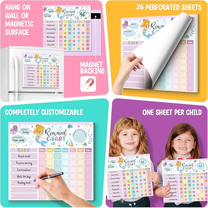 Mermaid Reward Chart for Kids – 26 Magnetic Chore Charts | 1960 Diamond Stickers | 56 Reward Stickers | Behaviour Chart for Home Fridge School
