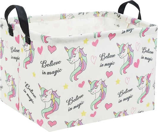 Rectangular unicorn storage basket with handles, white fabric with multicolor unicorns and hearts