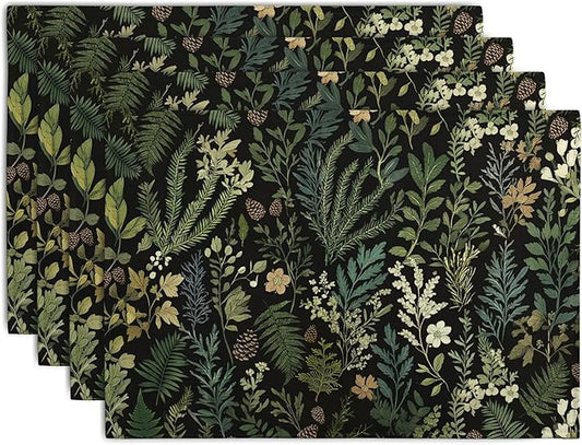 Set of 4 botanical fern leaf placemats, dark green fabric with cream floral accents