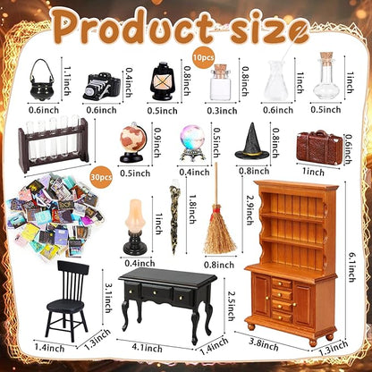 Witchy dollhouse miniature set assortment with books, furniture pieces, and magic accessories