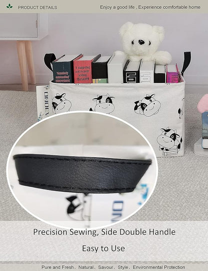 Cartoon Cow Canvas Storage Hamper Basket - Foldable Waterproof Black and White Cow Print Bin for Farm Nursery, Kids Room, and Cow Gift Hampers