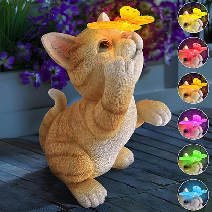 Solar Cat Garden Statue with Butterfly - 10.23-Inch Resin Outdoor Decor