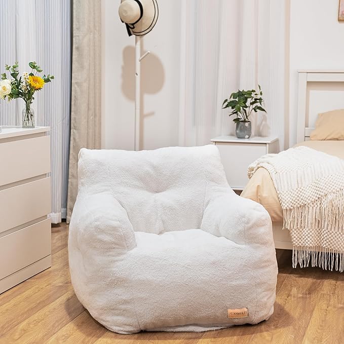 White Faux Fur Memory Foam Bean Bag Chair - Tufted Cloud Lounge Chair with Armrests for Reading Nook, Bedroom, Living Room, and Dorm