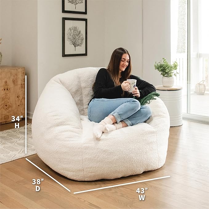 Ivory White Boucle Cloudberry Cocoon Bean Bag Chair - Giant Structured Round Lounge Chair for Nursery, Reading Corner, and Any Interior Ready for One Extraordinary Seat