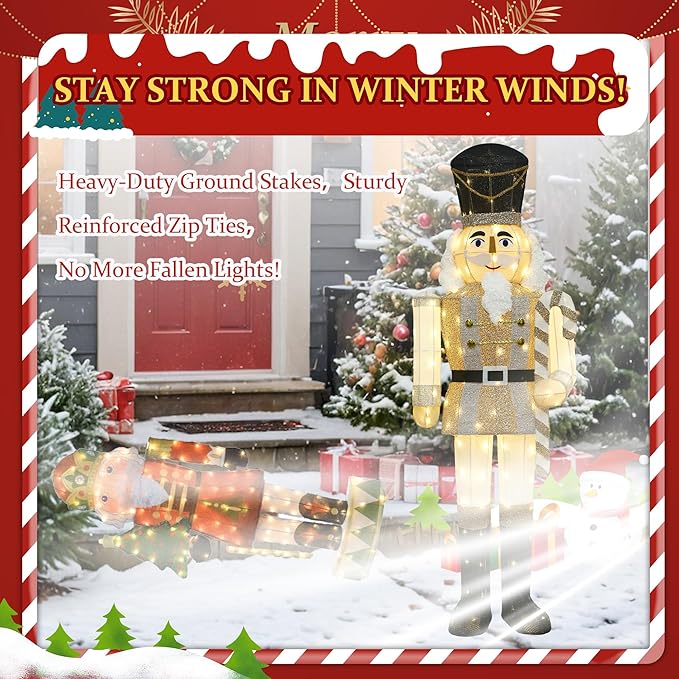 Lighted nutcracker decoration with gold-and-white outfit, black hat, glowing LEDs on stakes