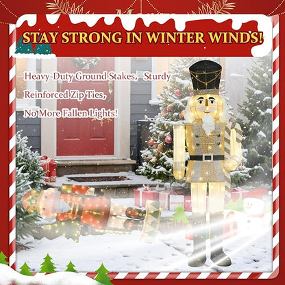 Lighted nutcracker decoration with gold-and-white outfit, black hat, glowing LEDs on stakes