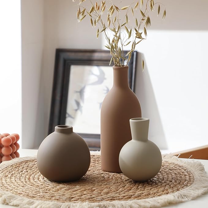 Ceramic vase set of 3, matte tan tall vase and cream round vases