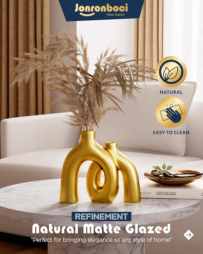 Matte gold ceramic hug vase with arched conjoined donut silhouette