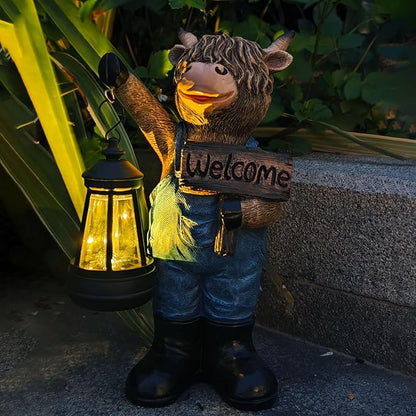 Solar Highland Cow Garden Statue with Lantern and Welcome Sign - Farmhouse Resin Outdoor Decor