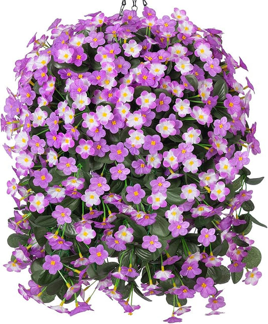 Hanging basket with dense faux orchid flowers in fuchsia and light fuchsia, 4 branches