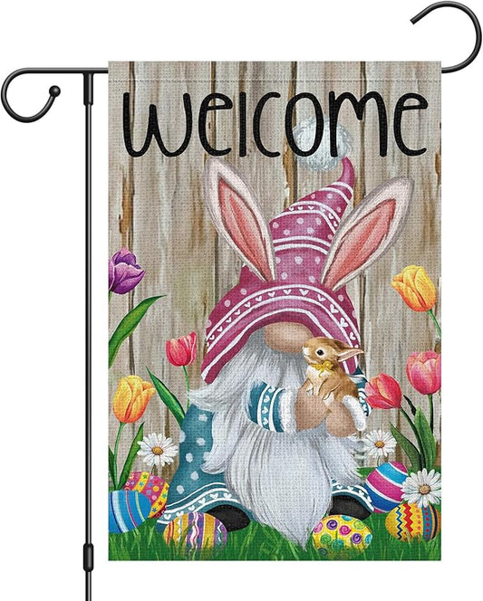 Welcome Easter bunny garden flag on burlap with floral eggs and flowers