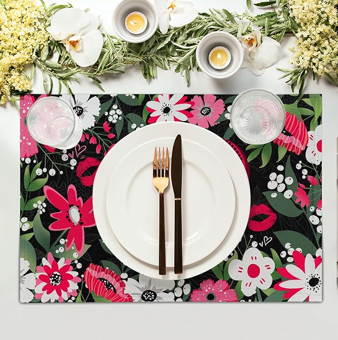 Happy Valentine's Day Floral Love Heart Placemats, Set of 4 – 18 x 12-Inch Cotton Linen Table Mats for Anniversary, Wedding Party, Kitchen & Dining Decor