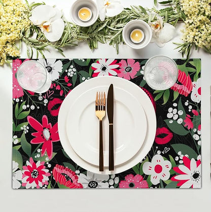 Happy Valentine's Day Floral Love Heart Placemats, Set of 4 – 18 x 12-Inch Cotton Linen Table Mats for Anniversary, Wedding Party, Kitchen & Dining Decor