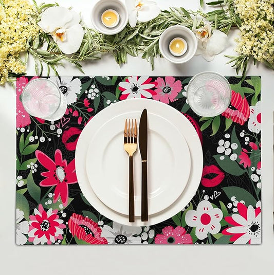 Happy Valentine's Day Floral Love Heart Placemats, Set of 4 – 18 x 12-Inch Cotton Linen Table Mats for Anniversary, Wedding Party, Kitchen & Dining Decor