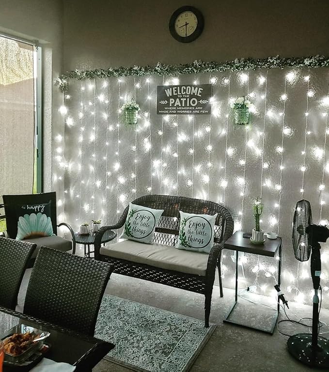Cool White LED Curtain Fairy Lights – 306 LEDs 10x10ft | 18 Dense Strands 8 Modes Memory Function | Bedroom Wedding Party Backdrop Indoor