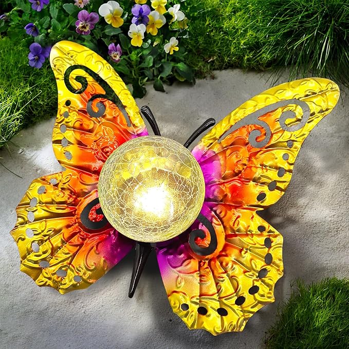 Solar Butterfly Tabletop Garden Light with Crackle Glass Globe - Metal Decor