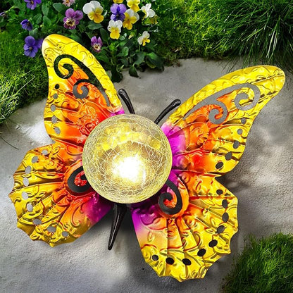 Solar Butterfly Tabletop Garden Light with Crackle Glass Globe - Metal Decor