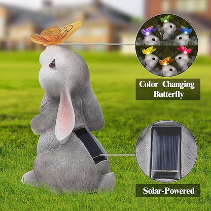 Solar Rabbit Garden Statue with Butterfly LED Light - 9.5-Inch Resin Decor