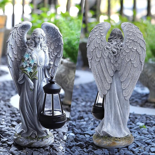 Gray Angel Solar Garden Statue with Watering-Effect Detail - 13.2-Inch Resin Decor
