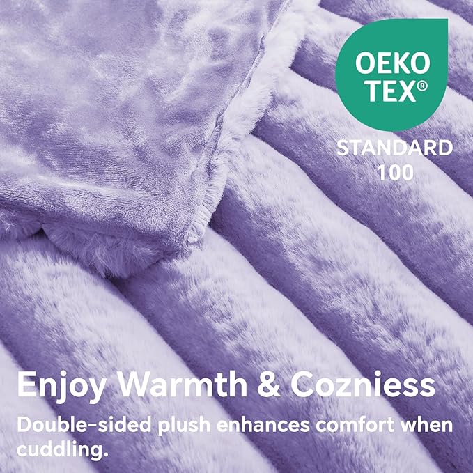 Lavender Faux Rabbit Fur Throw Blanket – 60"x80" | 770GSM Double-Sided Luxury Fluffy Blanket | 3D Striped Plush Throw for Two