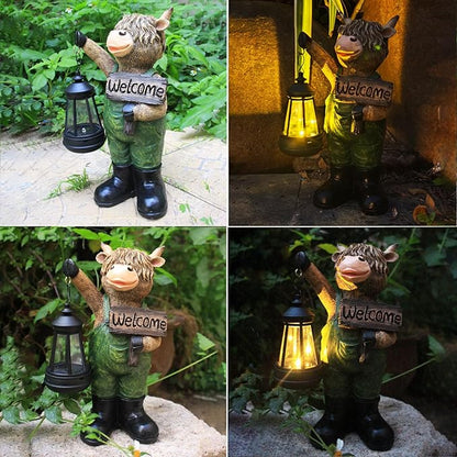 Solar Cow Garden Statue with Lantern and Welcome Sign - Farmhouse Resin Outdoor Decor
