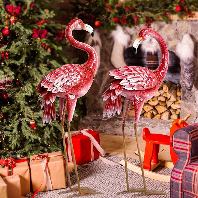 2-Pack Large Metal Flamingo Garden Statues - Weather-Resistant Bird Yard Art