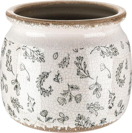 Vintage ceramic planter pot, white with green wildflower line pattern and crackle glaze